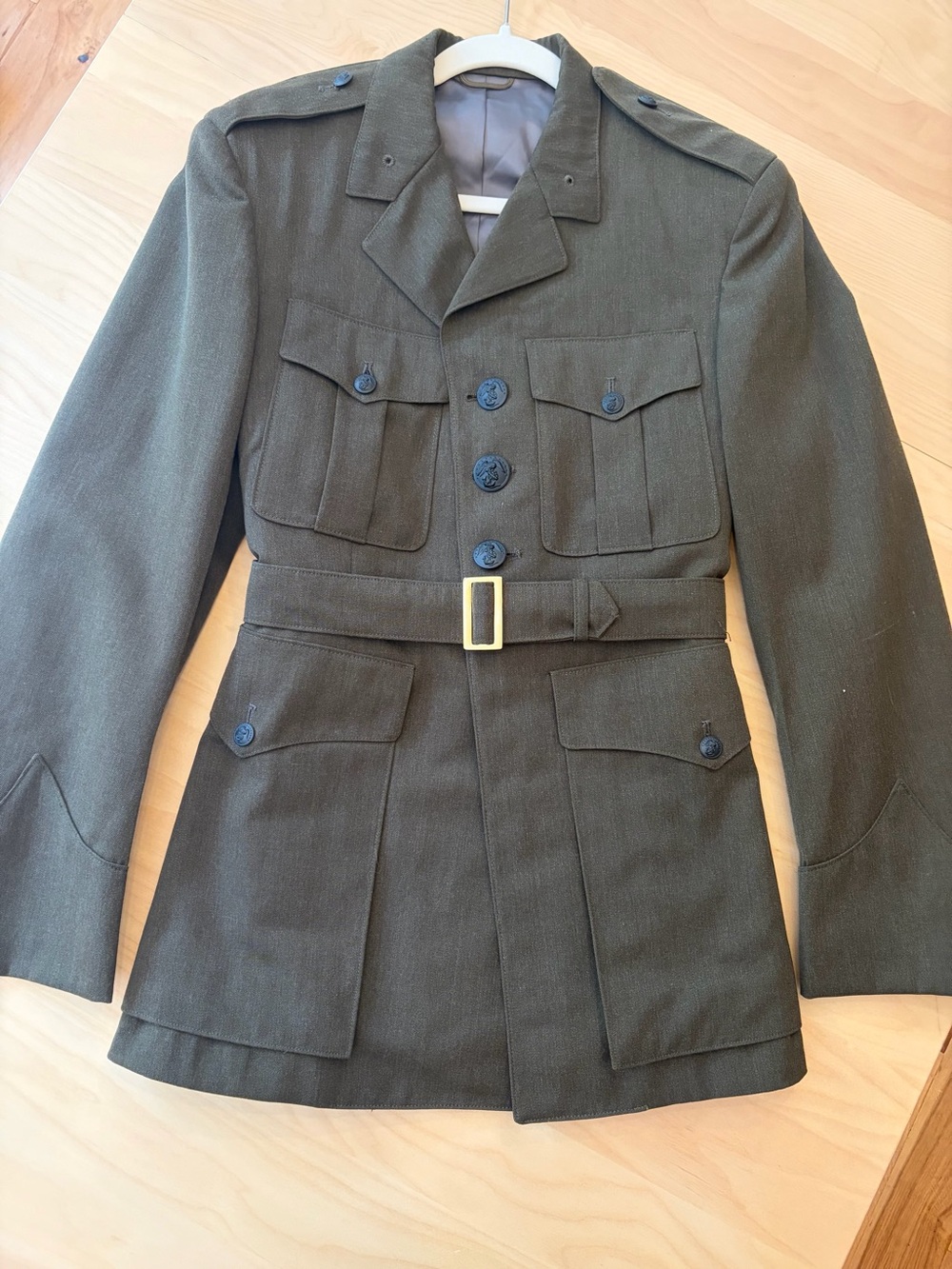 Vintage USMC Men's Military-Style Service Jacket Olive Green Belted